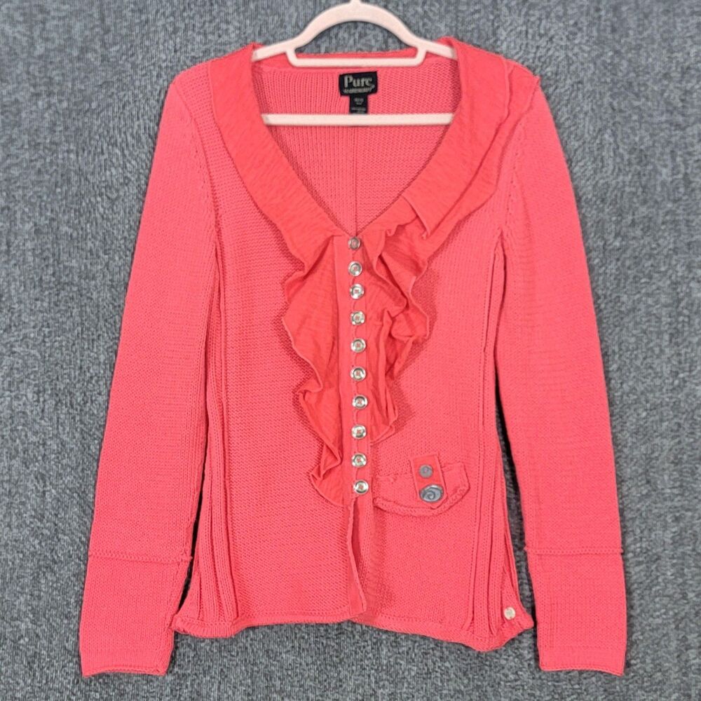 Pure Handknit Cardigan Sweater Womens XS/S Salmon Pink V-Neck Ruffled Button-Up